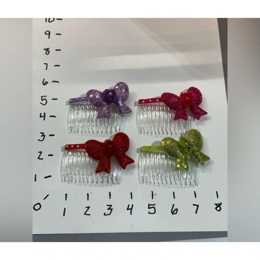 New Girls Sequin Bow Hair Combs Set of 4 Pink Purple Red Green Rhinestone Rose